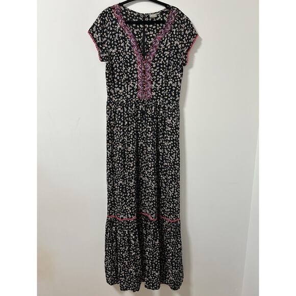 Eshakti Floral Maxi Dress Tiered Rayon Embroidery Boho Tiered Size L/12 *READ* - Picture 1 of 12